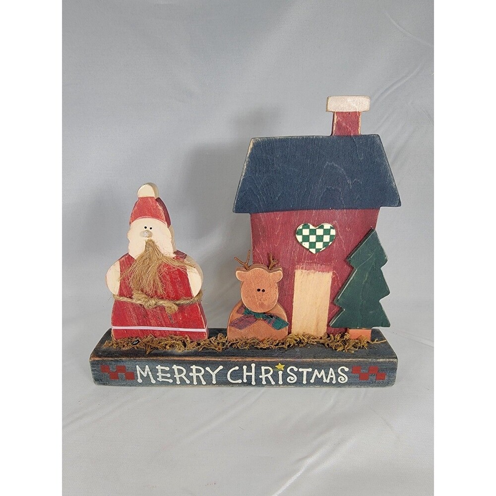 Vintage Wood Santa Claus Figure Folk Art Reindeer Cottagecore Village Primitive